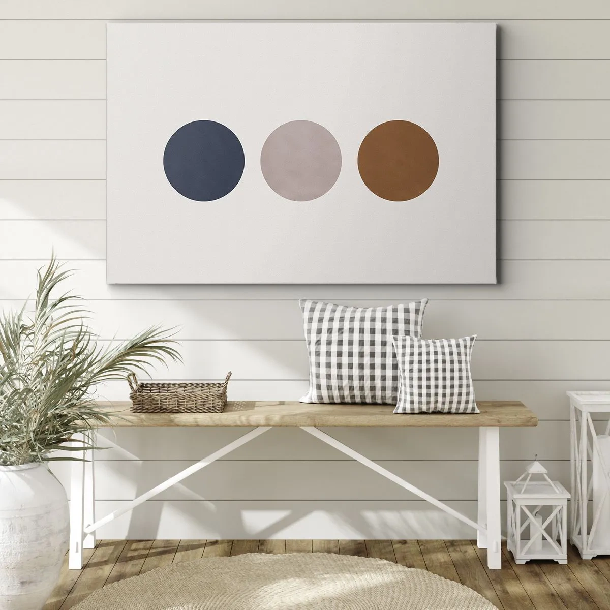 Obraz na płótnie - Minimalistyczna kompozycja z trzema kolorowymi kołami - 100x70cm - Symbol doskonałości - Nowoczesna dekoracja ścienna do salonu, kuchni i sypialni ARTTOR