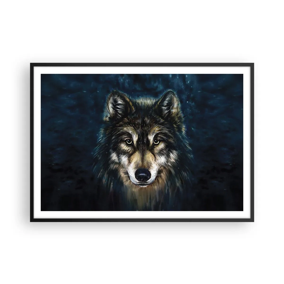 Plakat w czarnej ramie - Portret wilka na ciemnym tle w odcieniach niebieskiego - 100x70cm - Alfa? I omega - Nowoczesna dekoracja ścienna do salonu i sypialni ARTTOR