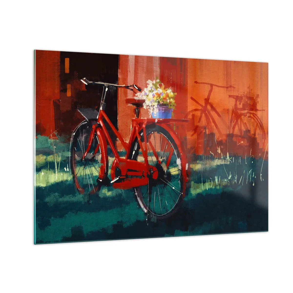 Obraz na szkle - Czerwony rower z kwiatami na tle czerwonego budynku - 100x70cm - I want to ride my bicycle - Nowoczesna dekoracja ścienna do salonu, kuchni i sypialni ARTTOR
