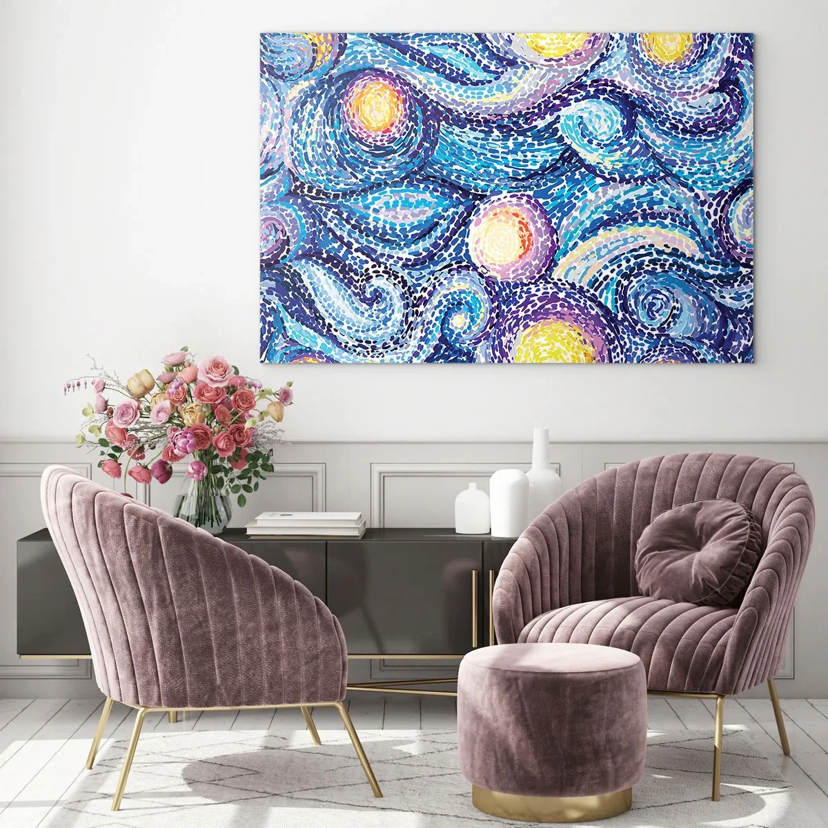 Obraz na szkle - Abstrakcyjna interpretacja Gwiaździstej Nocy w intensywnych kolorach - 100x70cm - Z obrazu van Gogha - Nowoczesna dekoracja ścienna do salonu, kuchni i sypialni ARTTOR