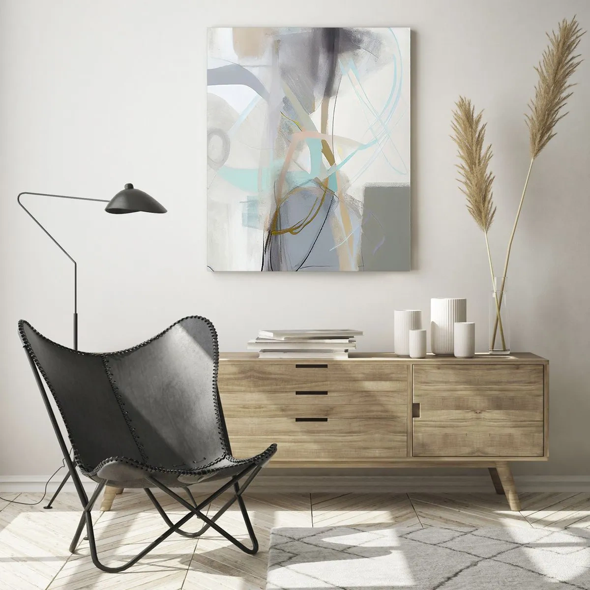 Obraz na szkle - Zamglona abstrakcja z pastelowymi i grafitowymi akcentami - 50x70cm - Abstrakcja zamglona - Nowoczesna dekoracja ścienna do salonu, kuchni i sypialni ARTTOR