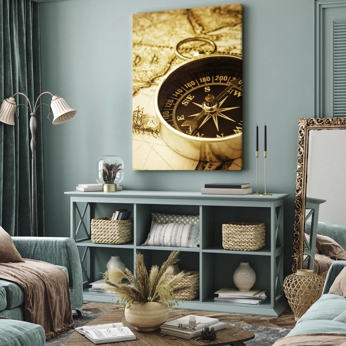 Obraz na płótnie - Zabytkowy kompas na tle starej mapy świata - 70x100cm - Na wschód czy na zachód? - Nowoczesna dekoracja ścienna do salonu i sypialni ARTTOR