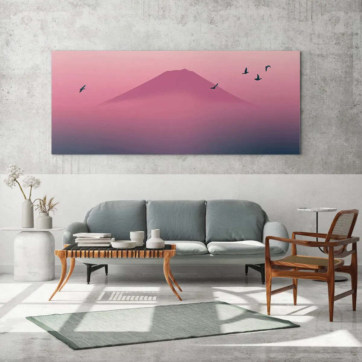 Obraz na szkle - Minimalistyczny krajobraz z górą i ptakami o wschodzie - 160x50cm - Wędrowcy ponad chmurami - Nowoczesna dekoracja ścienna do salonu i sypialni ARTTOR