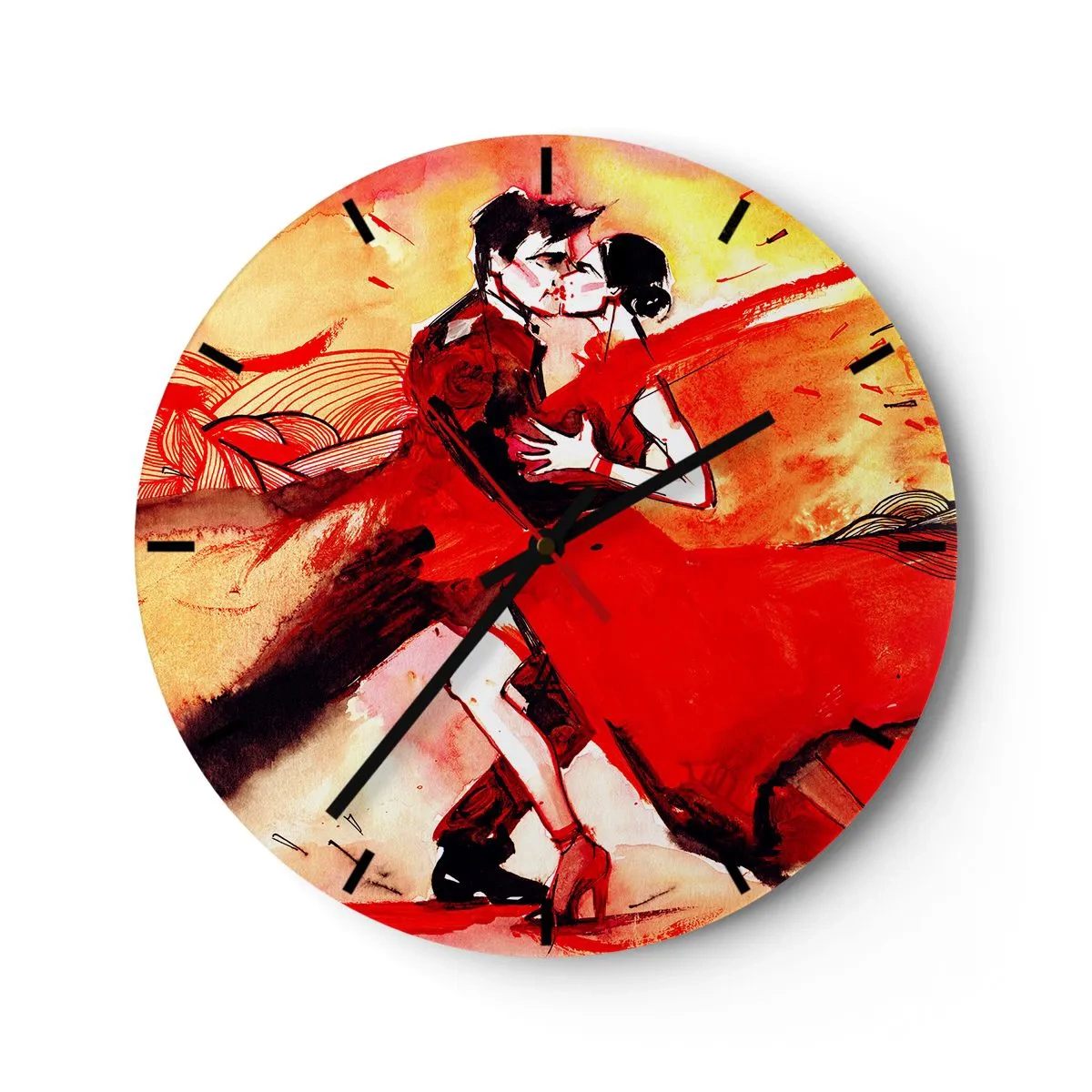 Zegar ścienny - Para tańcząca tango w czerwonych i złotych odcieniach - 30x30cm - Purpurowy rytm namiętności - Nowoczesna dekoracja ścienna do salonu, kuchni i sypialni ARTTOR