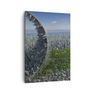 Obraz na płótnie - Futurystyczne miasto łączące technologię z naturą - 50x70cm - Natura jest wieczna - Nowoczesna dekoracja ścienna do salonu, kuchni i sypialni ARTTOR