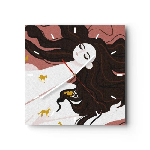 Zegar ścienny - Postać z zamkniętymi oczami otoczona złotymi końmi - 30x30cm - Sen o złotym koniu - Nowoczesna dekoracja ścienna do salonu i sypialni ARTTOR