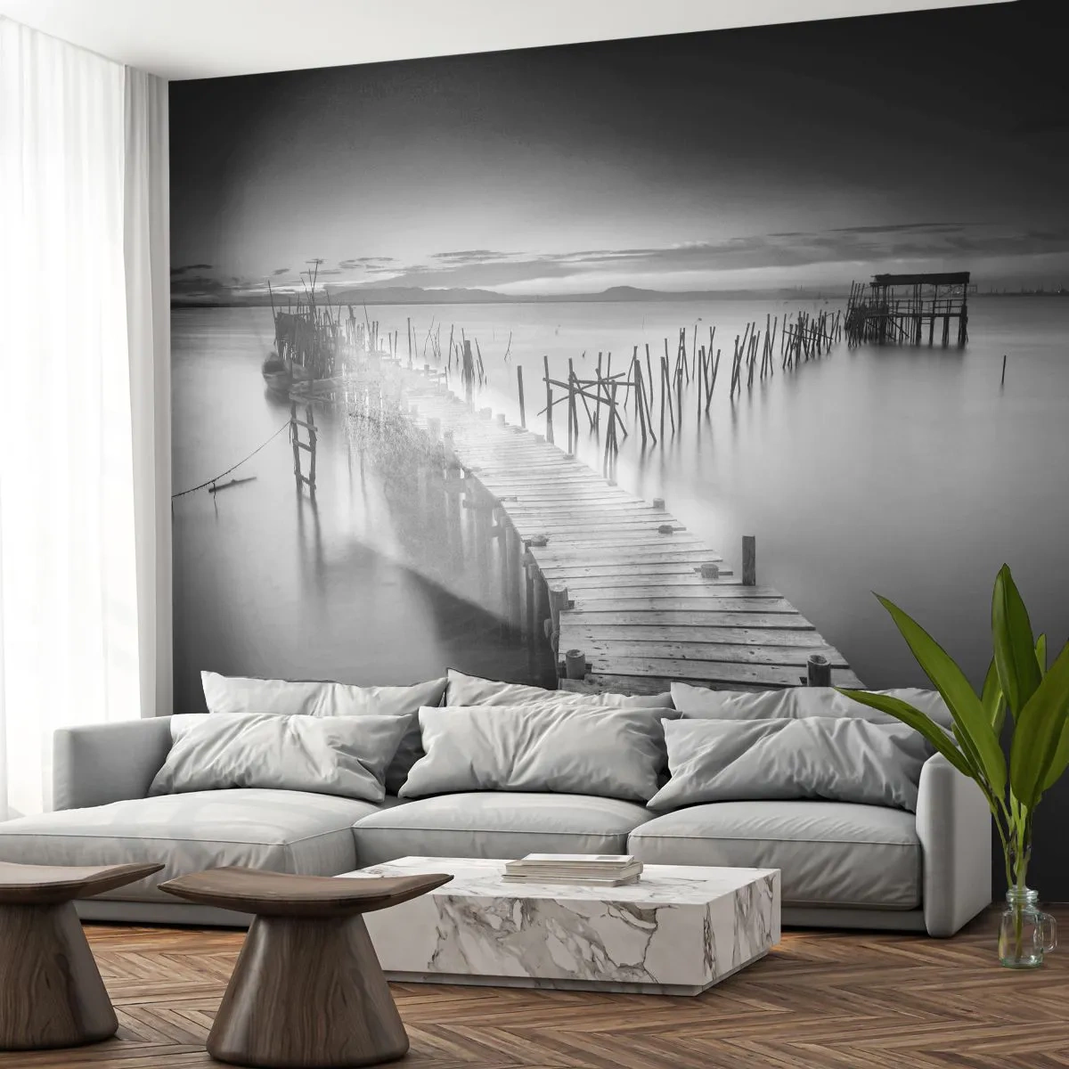 Fototapeta Premium Sand - Spokój zapomnianego brzegu - Krajobraz, Jezioro, Drewniany Pomost - 300x210 cm