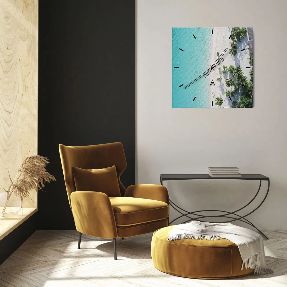 Zegar ścienny - Tropikalna plaża z turkusową wodą i palmami z lotu ptaka - 30x30cm - Wakacje w raju - Nowoczesna dekoracja ścienna do salonu i sypialni ARTTOR