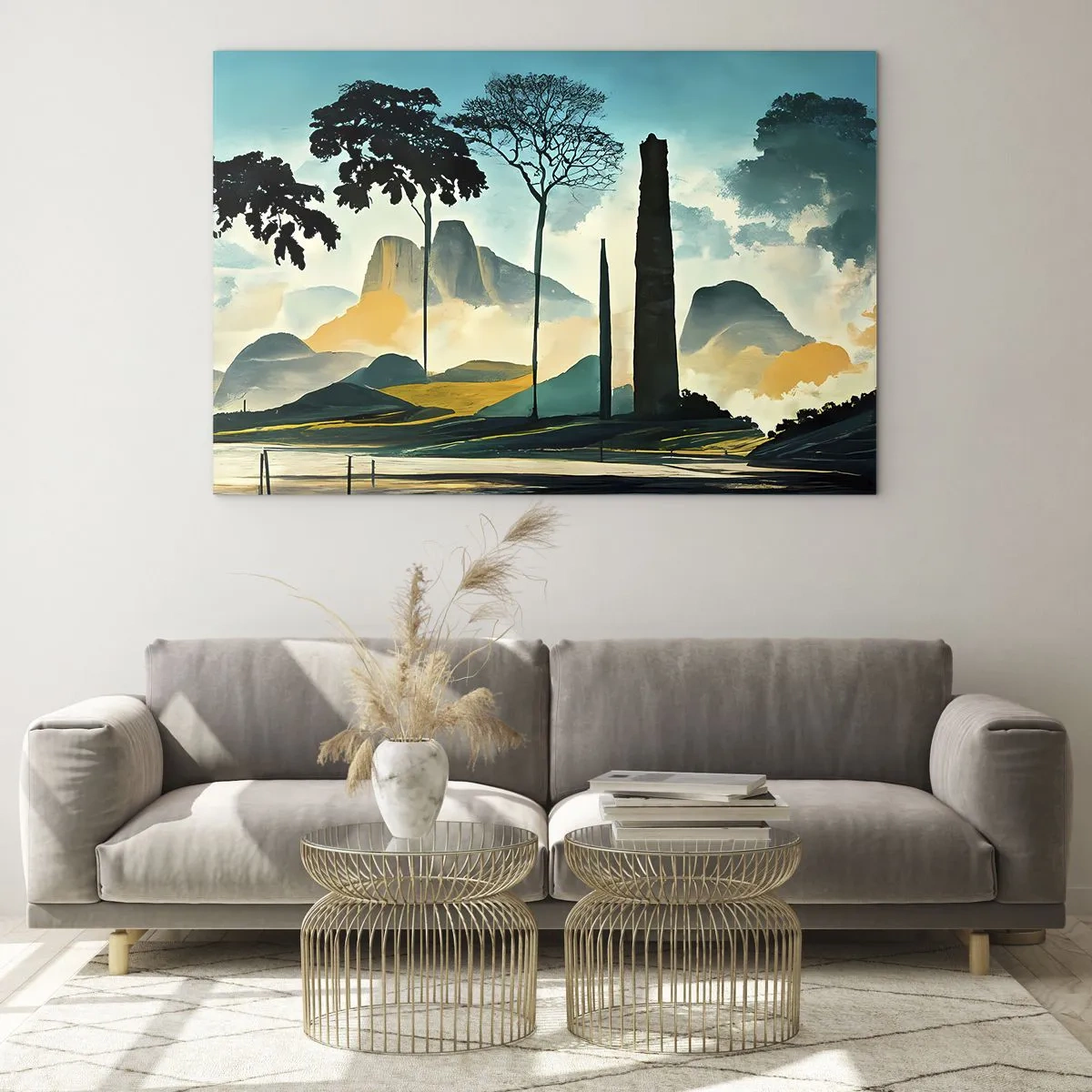 Obraz na szkle - Fantazyjny pejzaż z górami, drzewami i strzelistą skałą - 70x50cm - Wciąż wyżej i wyżej - Nowoczesna dekoracja ścienna do salonu i sypialni ARTTOR