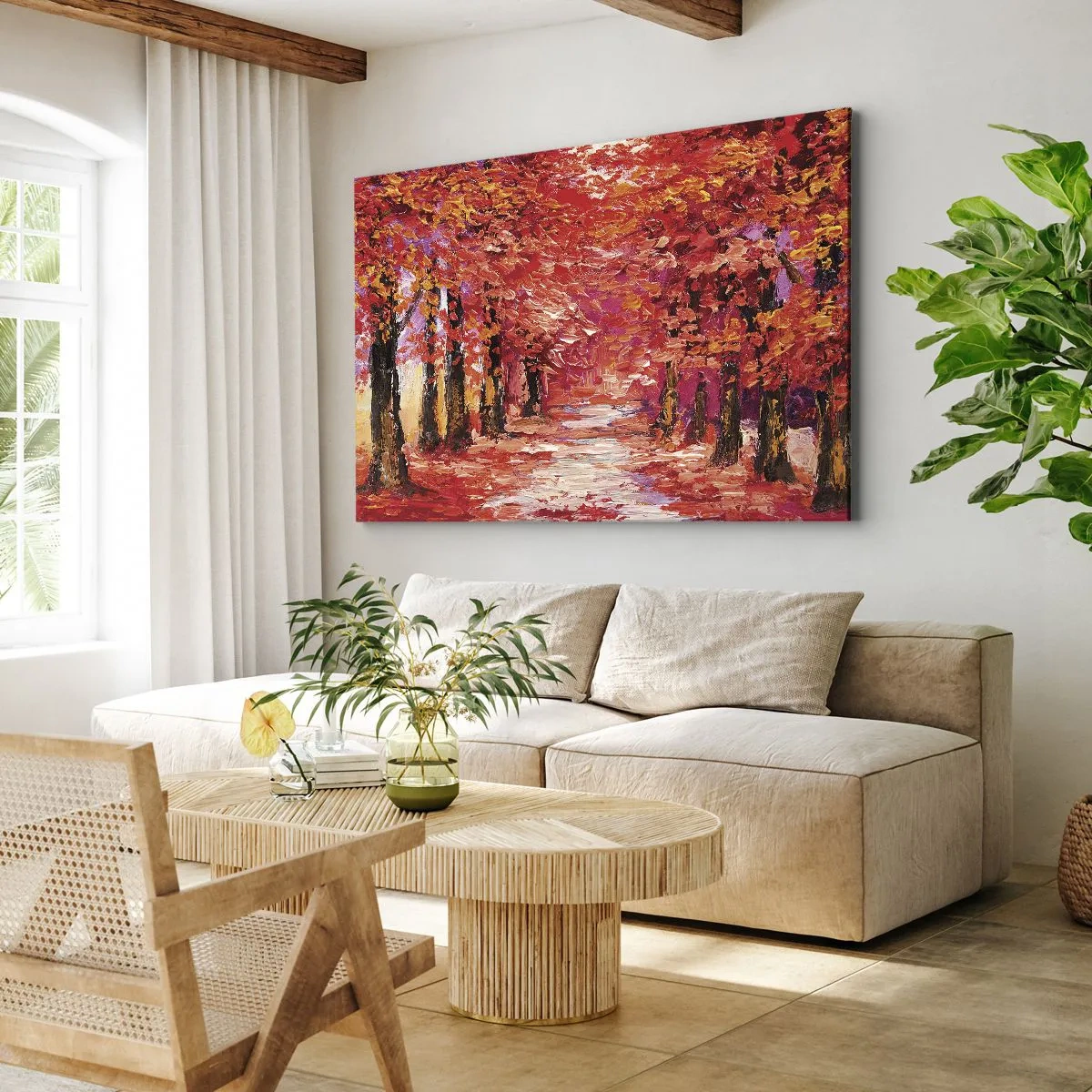 Obraz na płótnie - Malownicza alejka w jesiennych barwach w stylu impresjonistycznym - 70x50cm - Jesienna impresja - Nowoczesna dekoracja ścienna do salonu i sypialni ARTTOR