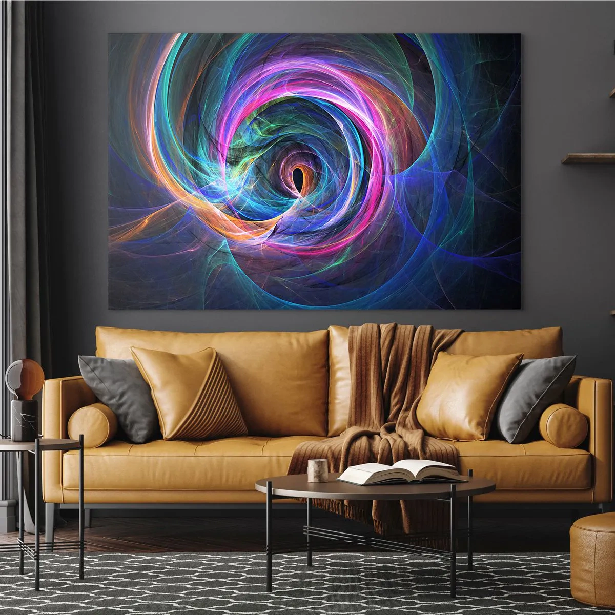 Obraz na szkle - Abstrakcyjna spirala w intensywnych barwach na ciemnym tle - 70x50cm - Dokąd mnie zaprowadzisz? - Nowoczesna dekoracja ścienna do salonu i sypialni ARTTOR