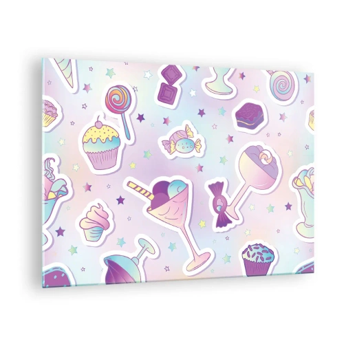 Obraz na szkle - Kolorowy motyw słodyczy z pastelowym tłem - 70x50cm - Żeby codziennie były urodziny - Nowoczesna dekoracja ścienna do salonu i sypialni ARTTOR