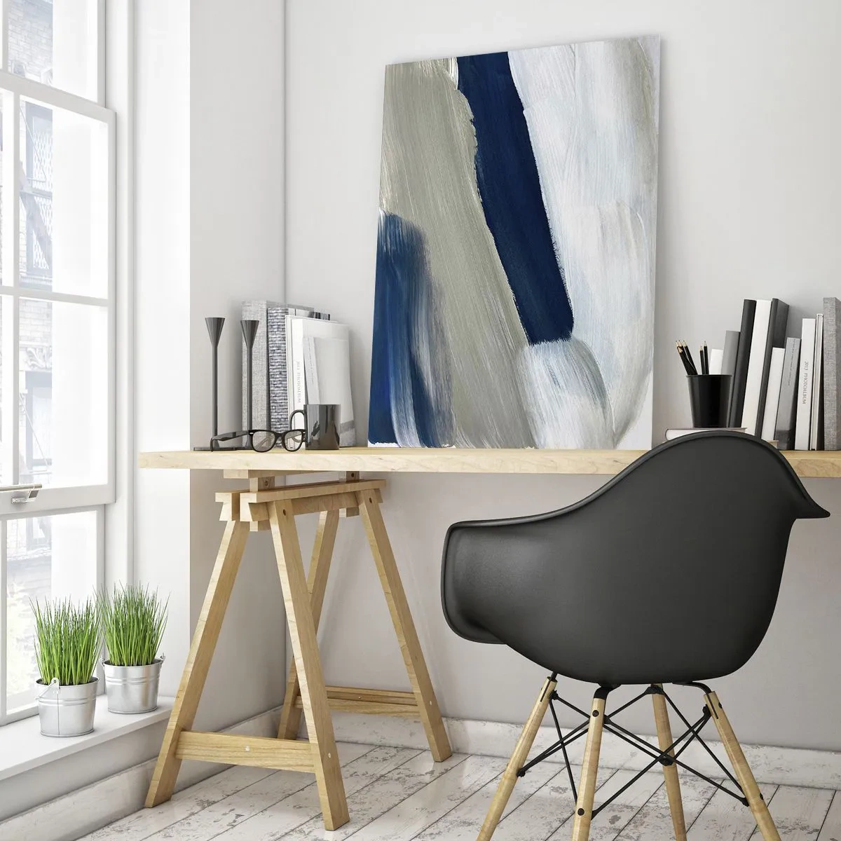 Obraz na szkle - Minimalistyczna abstrakcja z dynamicznymi pociągnięciami bieli, granatu i szarości - 50x70cm - Spotkanie z bielą - Nowoczesna dekoracja ścienna do salonu, kuchni i sypialni ARTTOR