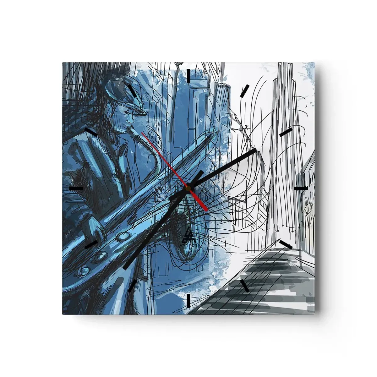 Zegar ścienny - Postać grająca na saksofonie na tle miasta - 30x30cm - Miejska rapsodia - Nowoczesna dekoracja ścienna do salonu i sypialni ARTTOR