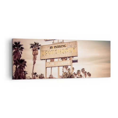 Obraz na płótnie - Retro szyld motelu otoczonego palmami - 140x50cm - Tu czas się zatrzymał - Nowoczesna dekoracja ścienna do salonu i sypialni ARTTOR