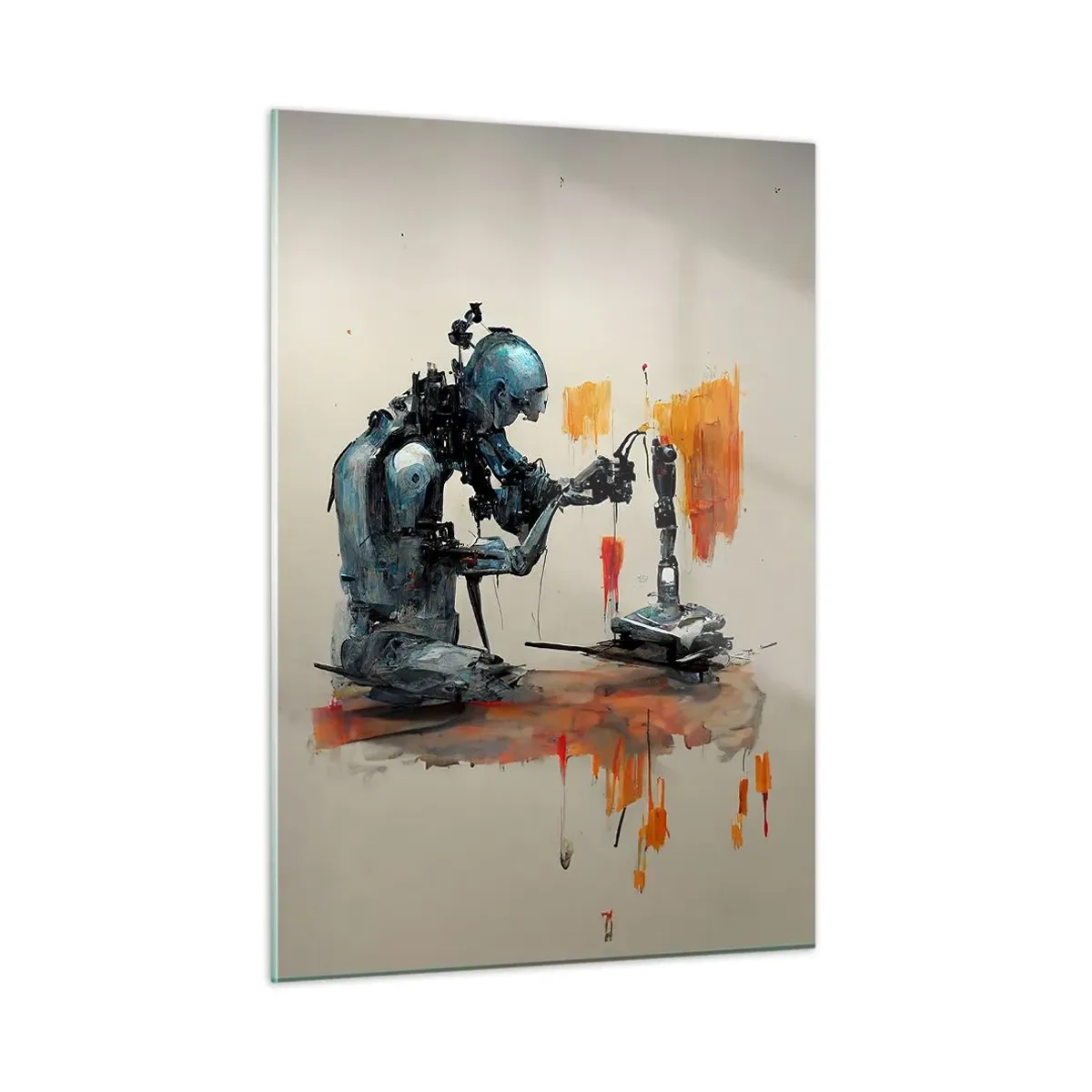 Obraz na szkle - Robot malujący mechaniczną rękę na abstrakcyjnym tle - 50x70cm - Już jutro… - Nowoczesna dekoracja ścienna do salonu, kuchni i sypialni ARTTOR