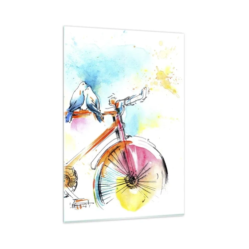 Obraz na szkle - Kolorowa akwarela roweru z siedzącymi ptakami - 80x120cm - We dwoje na rowerze - Nowoczesna dekoracja ścienna do salonu i sypialni ARTTOR