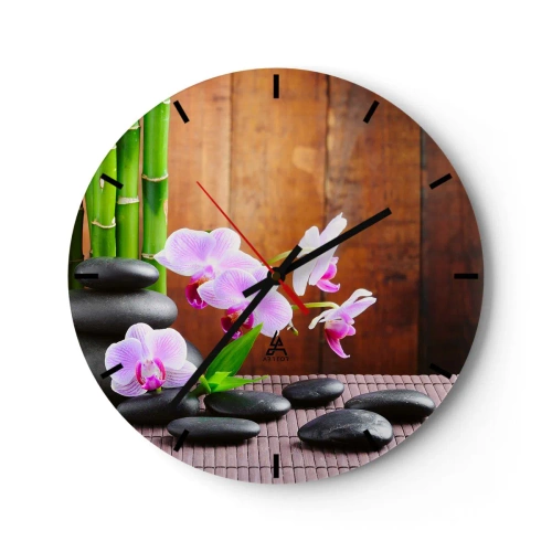 Zegar ścienny - Fioletowe orchidee z bambusem i kamieniami - 30x30cm - Poznaj przyjemności wschodu - Nowoczesna dekoracja ścienna do salonu, kuchni i sypialni ARTTOR