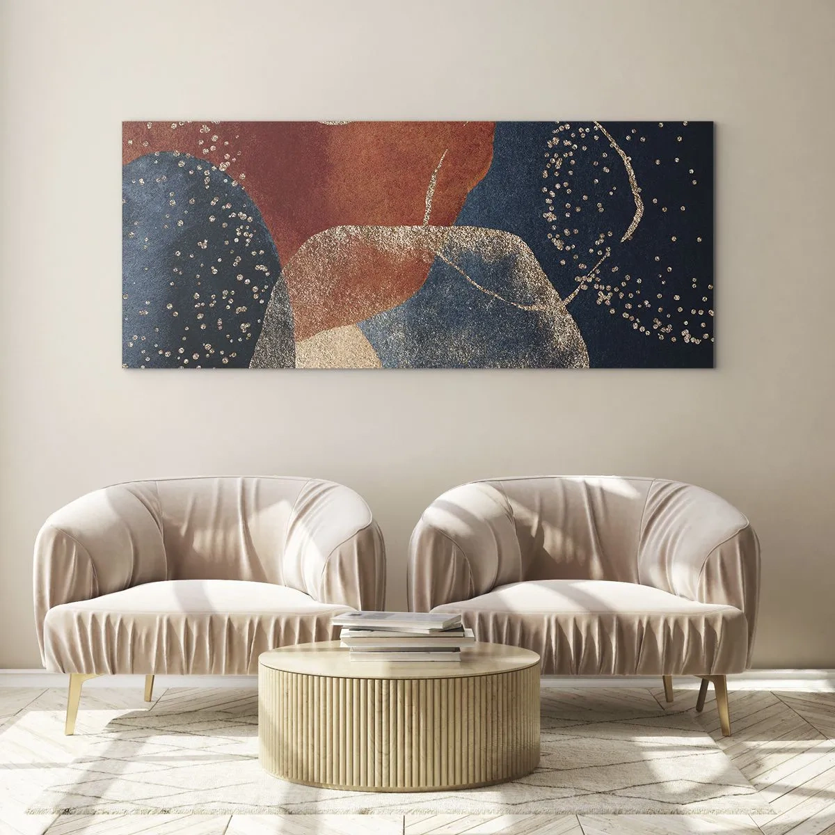 Obraz na szkle - Abstrakcyjne kształty w odcieniach czerwieni i błękitu - 120x50cm - Lekkość bytu - Nowoczesna dekoracja ścienna do salonu i sypialni ARTTOR