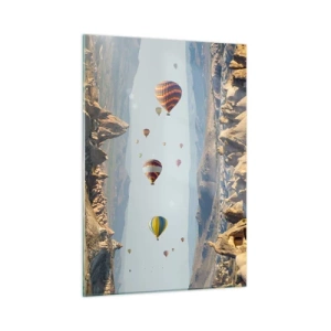 Obraz na szkle - Kolorowe balony nad skalistym krajobrazem Kapadocji - 50x70cm - Tu wszystko jest możliwe - Nowoczesna dekoracja ścienna do salonu, kuchni i sypialni ARTTOR
