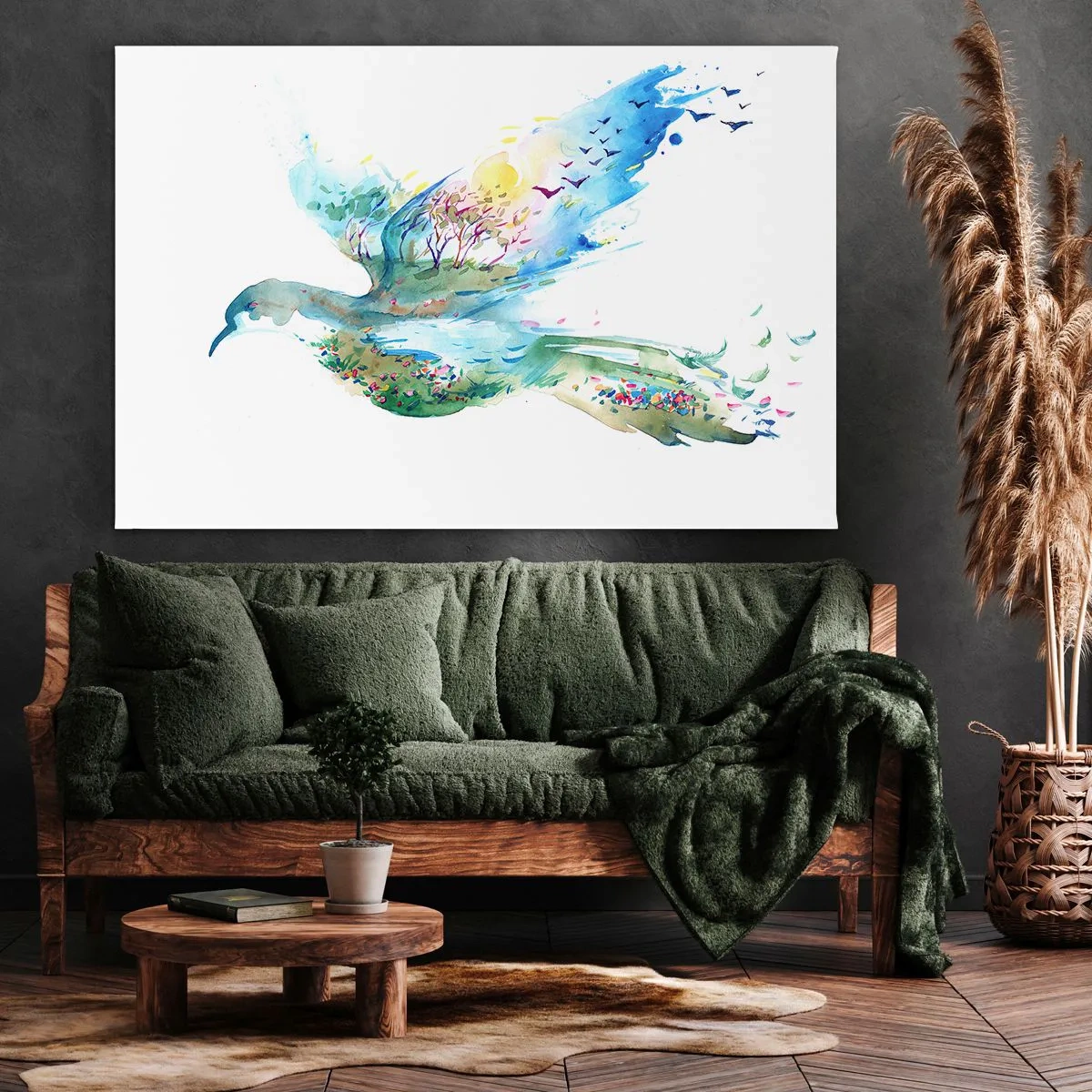 Obraz na płótnie - Akwarelowa kompozycja ptaka z elementami natury - 70x50cm - Na skrzydłach natury - Nowoczesna dekoracja ścienna do salonu i sypialni ARTTOR