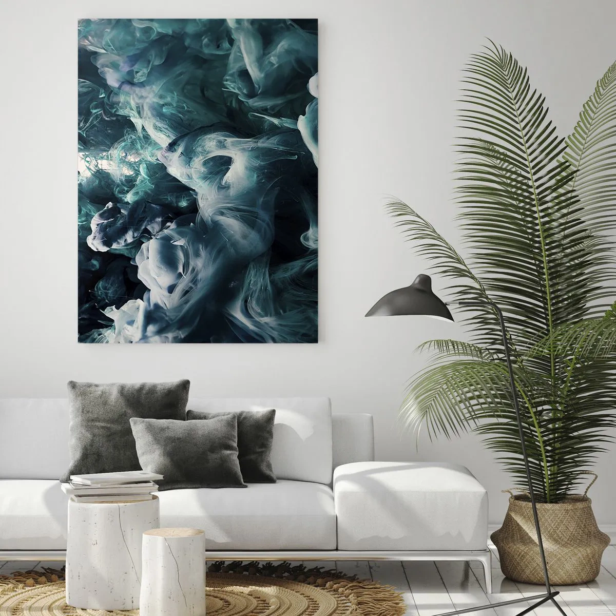 Obraz na szkle - Dynamiczne abstrakcyjne fale w odcieniach błękitu i bieli - 70x100cm - Ruch koloru - Nowoczesna dekoracja ścienna do salonu i sypialni ARTTOR