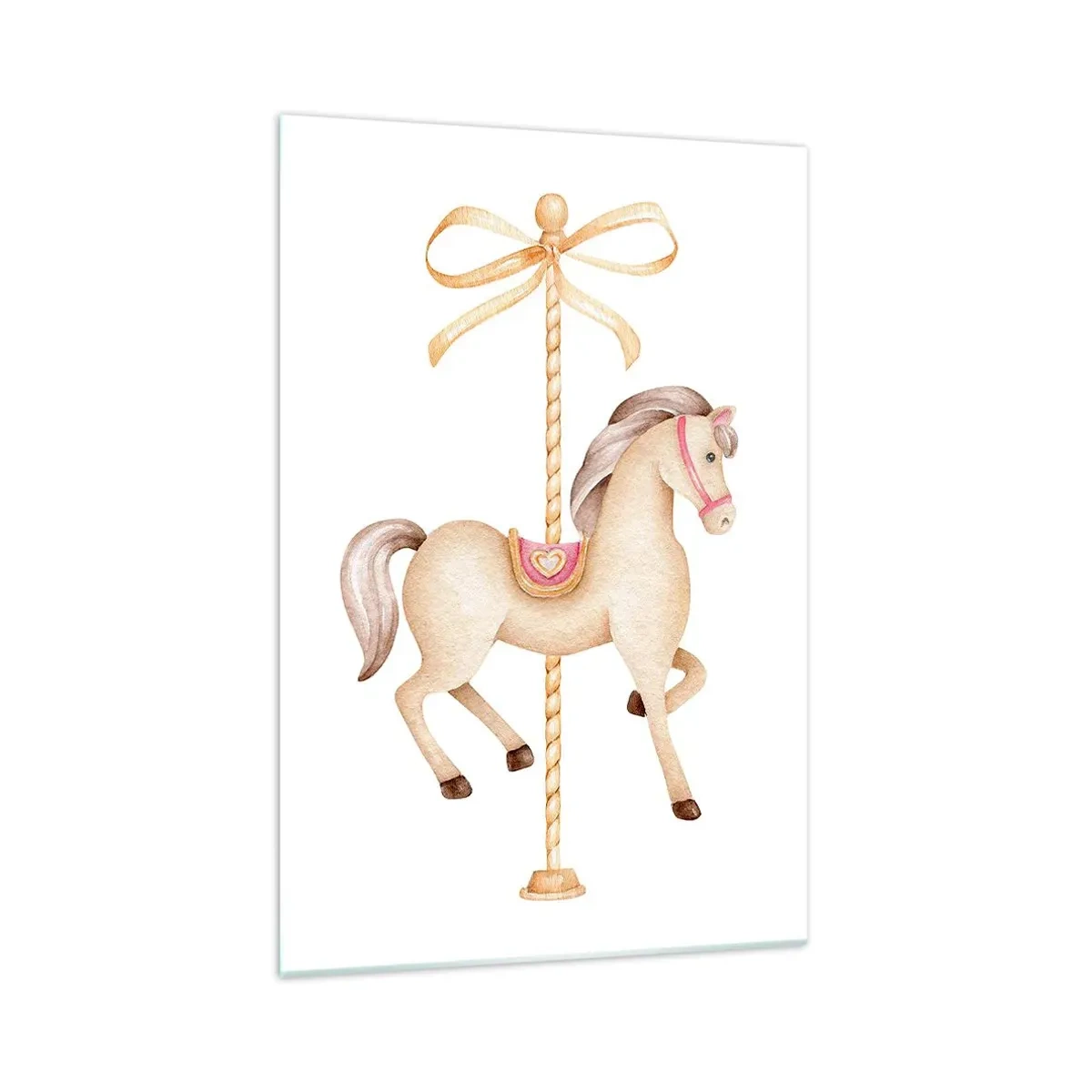 Obraz na szkle - Koń karuzelowy z kokardą w delikatnych pastelach - 70x100cm - Wdzięcznym kłusem - Nowoczesna dekoracja ścienna do salonu i sypialni ARTTOR