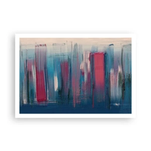 Plakat - Abstrakcyjne pionowe formy w odcieniach błękitu i czerwieni - 100x70cm - Kompozycja wertykalna w błękicie i czerwieni - Nowoczesna dekoracja ścienna do salonu i sypialni ARTTOR