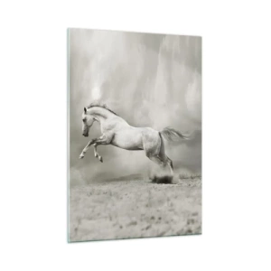 Obraz na szkle - Biały koń w skoku na tle chmur - 50x70cm - Między jawą a snem - Nowoczesna dekoracja ścienna do salonu, kuchni i sypialni ARTTOR
