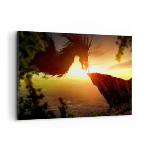 Obraz na płótnie - Smok i człowiek na skale w blasku zachodzącego słońca - 120x80cm - Pogromca smoka - Nowoczesna dekoracja ścienna do salonu, kuchni i sypialni ARTTOR