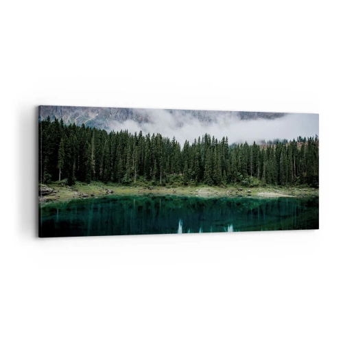 Obraz na płótnie - Górski krajobraz z lasem i jeziorem odbijającym niebo - 120x50cm - Cicho, cicho, nie budźmy wody spiącej… - Nowoczesna dekoracja ścienna do salonu i sypialni ARTTOR