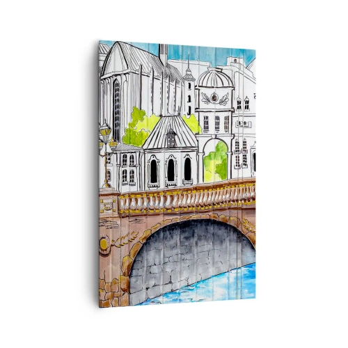 Obraz na płótnie - Rysunek mostu i zabytkowej architektury miejskiej - 80x120cm - Miasto jak malowane - Nowoczesna dekoracja ścienna do salonu i sypialni ARTTOR