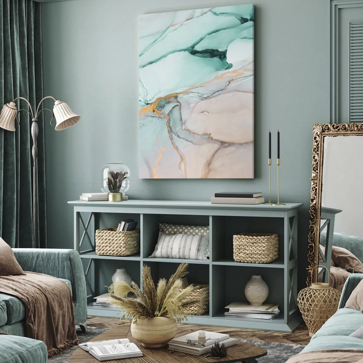 Obraz na płótnie - Abstrakcyjna kompozycja w odcieniach turkusu i złota - 70x100cm - Taniec kształtów i barw - Nowoczesna dekoracja ścienna do salonu i sypialni ARTTOR