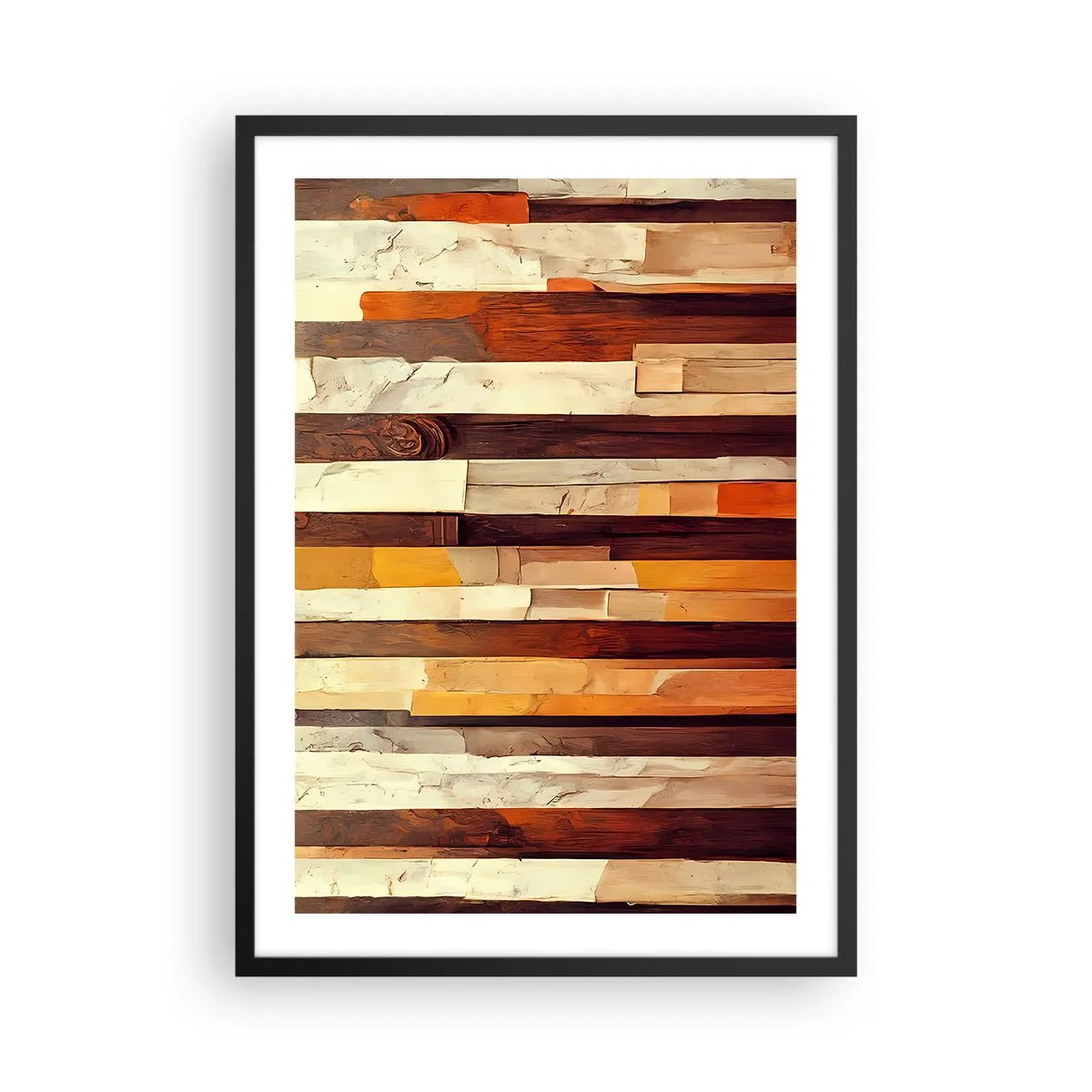 Plakat w czarnej ramie - Abstrakcyjna kompozycja drewnianych paneli w ciepłych barwach - 50x70cm - Hymn leśnych drzew - Nowoczesna dekoracja ścienna do salonu i sypialni ARTTOR