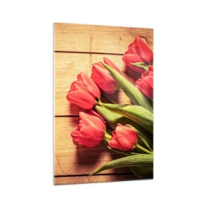 Obraz na szkle - Bukiet różowych tulipanów na drewnianym tle - 70x100cm - Wiosenne wyznanie - Nowoczesna dekoracja ścienna do salonu i sypialni ARTTOR
