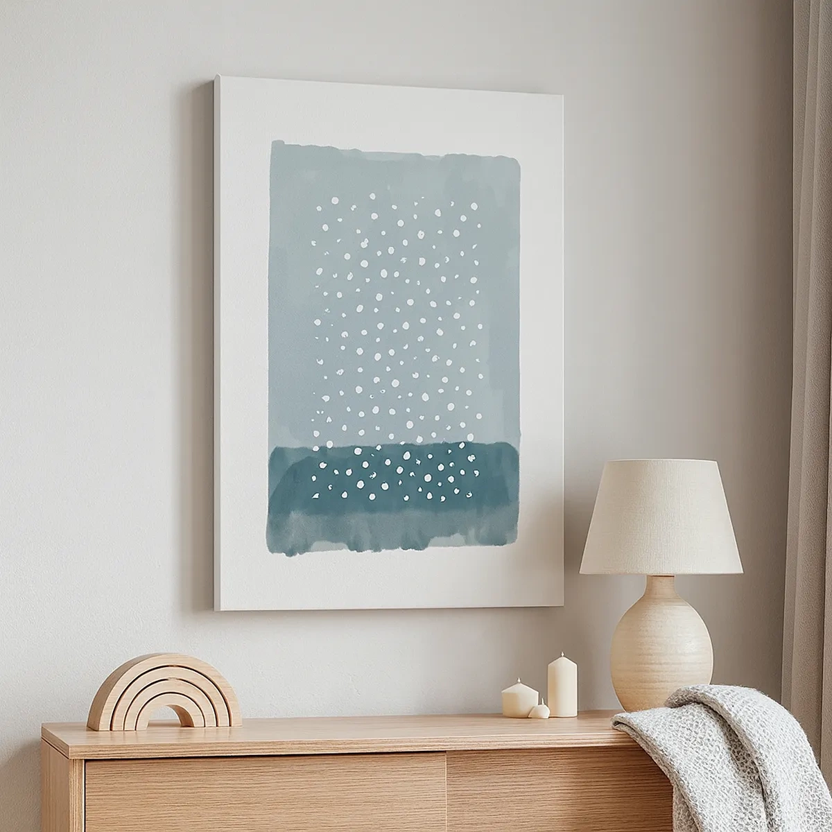 Obraz na płótnie - Abstrakcyjna kompozycja w odcieniach niebieskiego z białymi kropkami - 50x70cm - Wyrosłe na błękicie - Nowoczesna dekoracja ścienna do salonu, kuchni i sypialni ARTTOR