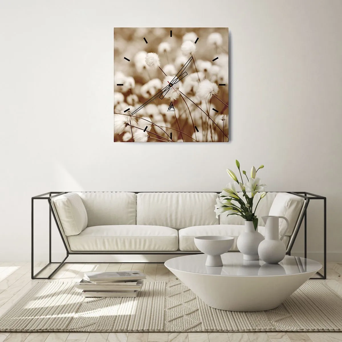 Zegar ścienny - Pole delikatnych roślin w odcieniach sepia - 30x30cm - Puszysty łan - Nowoczesna dekoracja ścienna do salonu i sypialni ARTTOR