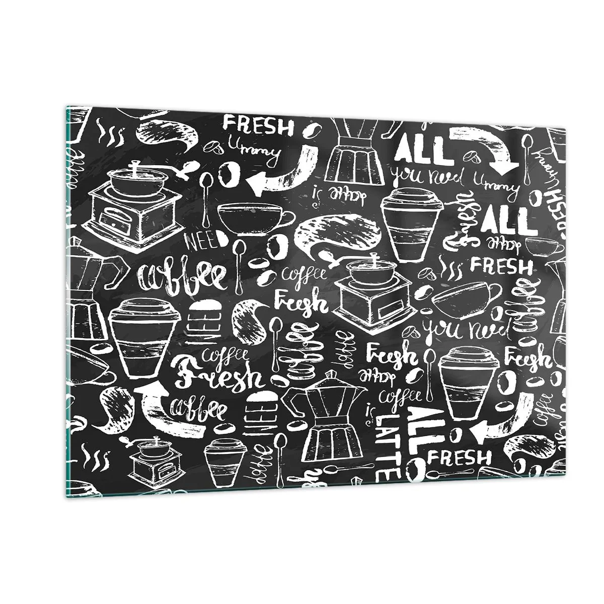 Obraz na szkle - Grafiki kawowe i napisy na czarnym tle w stylu retro - 120x80cm - All you need is… - Nowoczesna dekoracja ścienna do salonu, kuchni i sypialni ARTTOR
