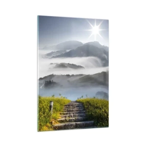 Obraz na szkle - Kamienne schody prowadzące wśród gór spowitych mgłą o poranku - 80x120cm - Wciąż w górę ku chmurom - Nowoczesna dekoracja ścienna do salonu i sypialni ARTTOR