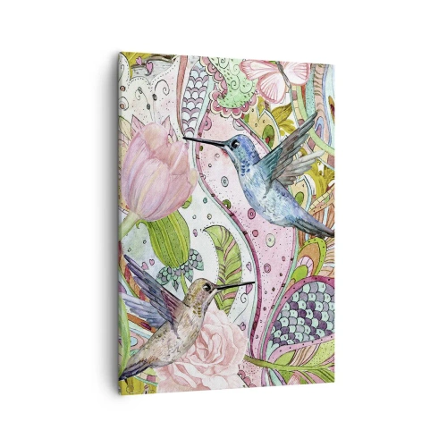 Obraz na płótnie - Kolorowe kolibry wśród kwiatów w stylu akwareli - 50x70cm - Wplątane w pnączach - Nowoczesna dekoracja ścienna do salonu, kuchni i sypialni ARTTOR