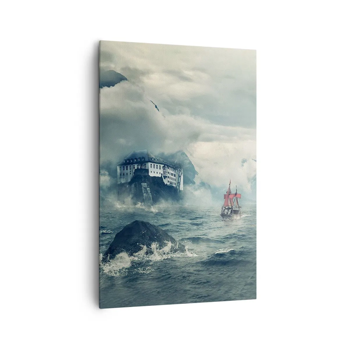 Obraz na płótnie - Tajemniczy krajobraz z zamkiem, górami i statkiem - 80x120cm - Na magicznych wodach - Nowoczesna dekoracja ścienna do salonu i sypialni ARTTOR