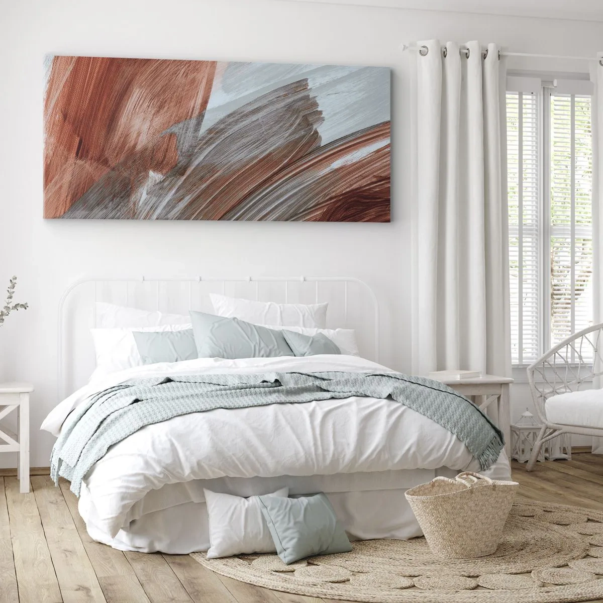 Obraz na płótnie - Abstrakcyjne pociągnięcia pędzla w odcieniach miedzi i szarości - 160x50cm - Abstrakcja jesienna i wietrzna - Nowoczesna dekoracja ścienna do salonu i sypialni ARTTOR