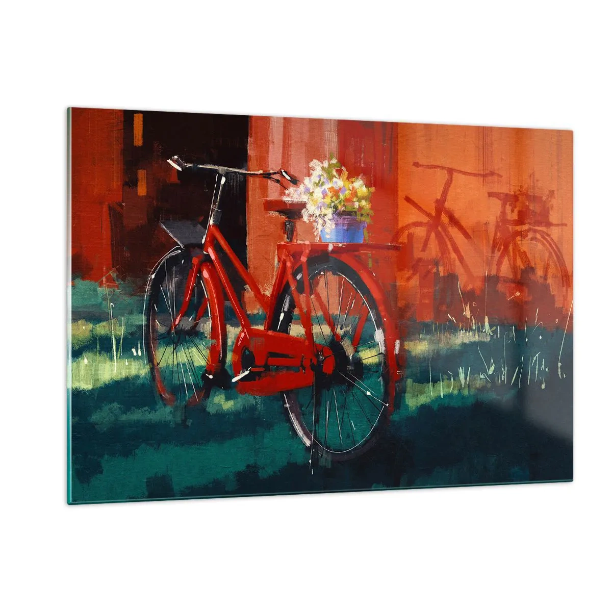 Obraz na szkle - Czerwony rower z kwiatami na tle czerwonego budynku - 120x80cm - I want to ride my bicycle - Nowoczesna dekoracja ścienna do salonu, kuchni i sypialni ARTTOR