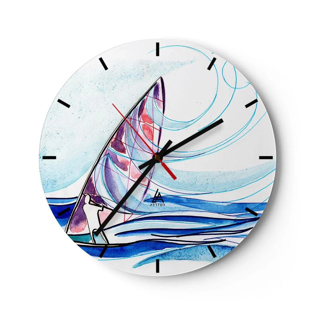 Zegar ścienny - Żaglówka na wzburzonym morzu w dynamicznej, abstrakcyjnej formie - 30x30cm - Z wiatrem w rytmie fal - Nowoczesna dekoracja ścienna do salonu, kuchni i sypialni ARTTOR