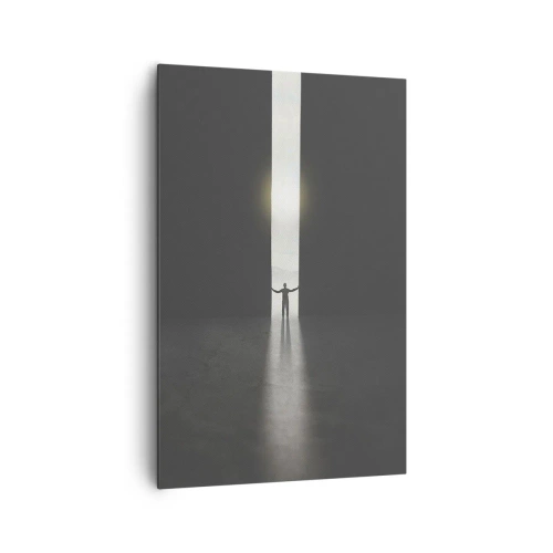 Obraz na płótnie - Człowiek stojący w świetle wąskiej szczeliny w ciemnej przestrzeni - 80x120cm - Krok do jasnej przyszłości - Nowoczesna dekoracja ścienna do salonu i sypialni ARTTOR