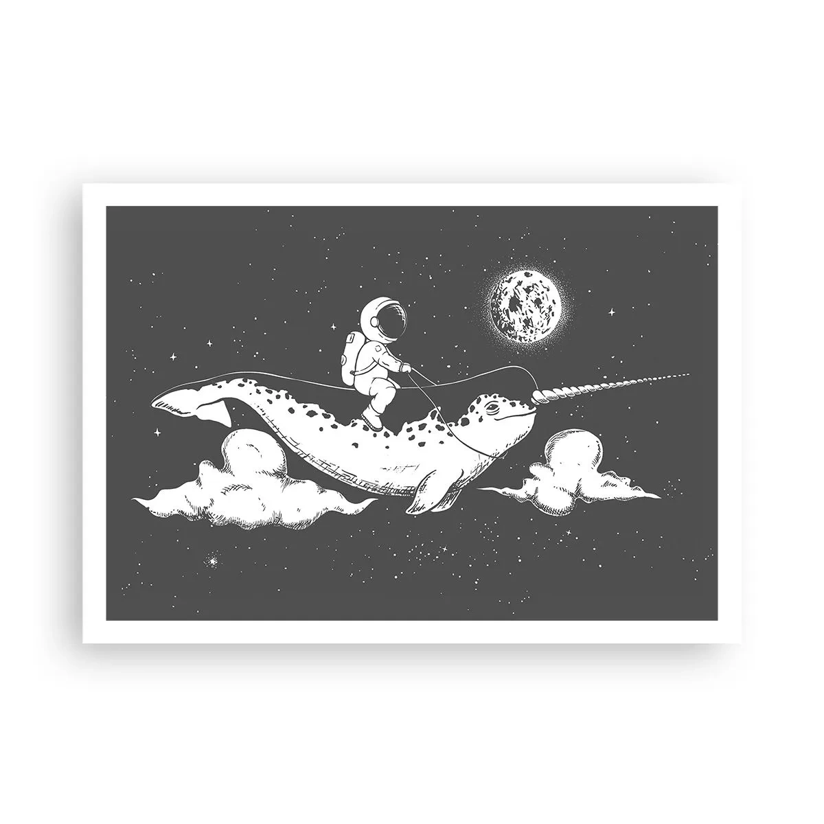 Plakat - Astronauta na grzbiecie narwala unoszącego się w kosmicznej scenerii - 100x70cm - Kosmiczny jeździec - Nowoczesna dekoracja ścienna do salonu i sypialni ARTTOR