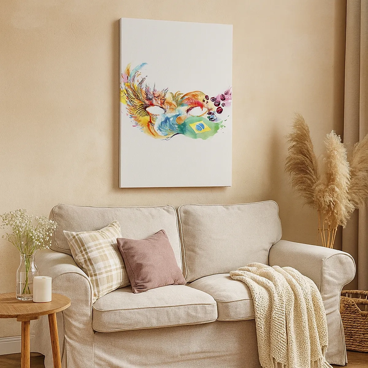 Obraz na płótnie - Kolorowa maska karnawałowa w stylu brazylijskim z akwarelowymi detalami - 50x70cm - Brazylia wita sambą - Nowoczesna dekoracja ścienna do salonu, kuchni i sypialni ARTTOR