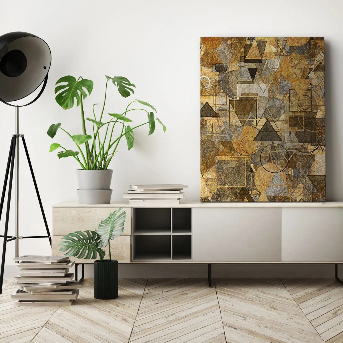 Obraz na płótnie - Abstrakcyjna kompozycja geometrycznych kształtów w złotych odcieniach - 50x70cm - Świat ujęty w formę - Nowoczesna dekoracja ścienna do salonu, kuchni i sypialni ARTTOR
