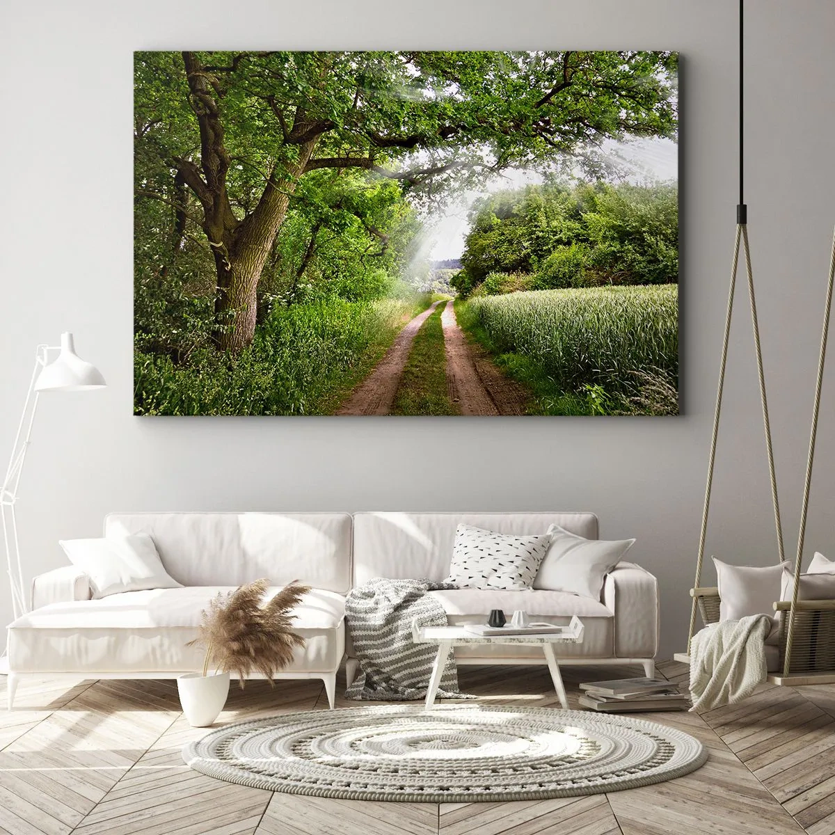 Obraz na płótnie - Polna droga wśród zielonych drzew i promieni słońca - 70x50cm - Et in Arcadia ego - Nowoczesna dekoracja ścienna do salonu i sypialni ARTTOR