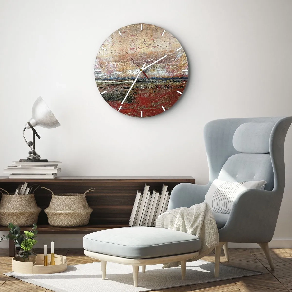 Zegar ścienny - Abstrakcyjny pejzaż z fakturą i ciepłymi odcieniami ziemi - 30x30cm - Może to morze - Nowoczesna dekoracja ścienna do salonu, kuchni i sypialni ARTTOR
